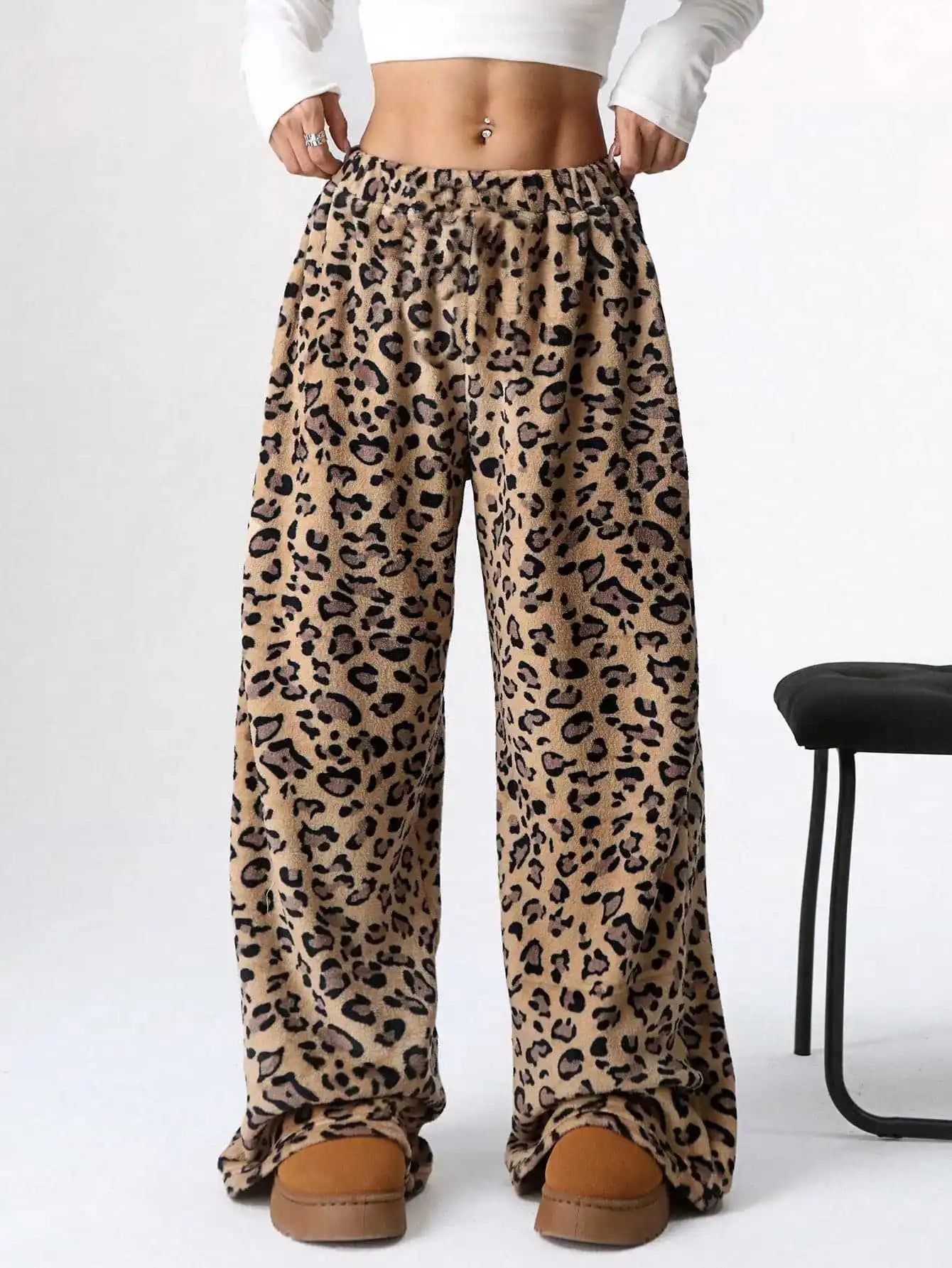 Women Casual Trousers Elastic Waistband Drawstring Tie Pajama Bottoms Leopard Print Wide Leg Lounge Pants