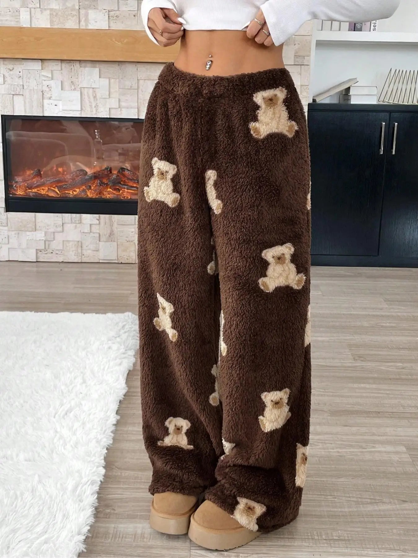Women Casual Trousers Elastic Waistband Drawstring Tie Pajama Bottoms Leopard Print Wide Leg Lounge Pants