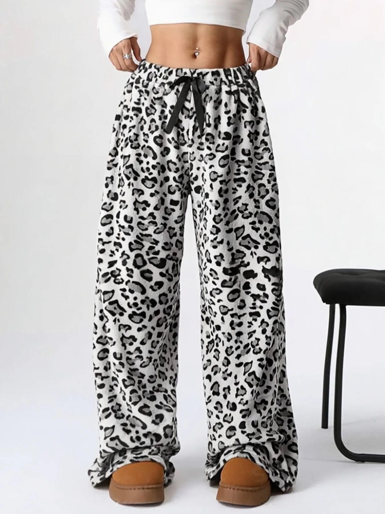 Women Casual Trousers Elastic Waistband Drawstring Tie Pajama Bottoms Leopard Print Wide Leg Lounge Pants