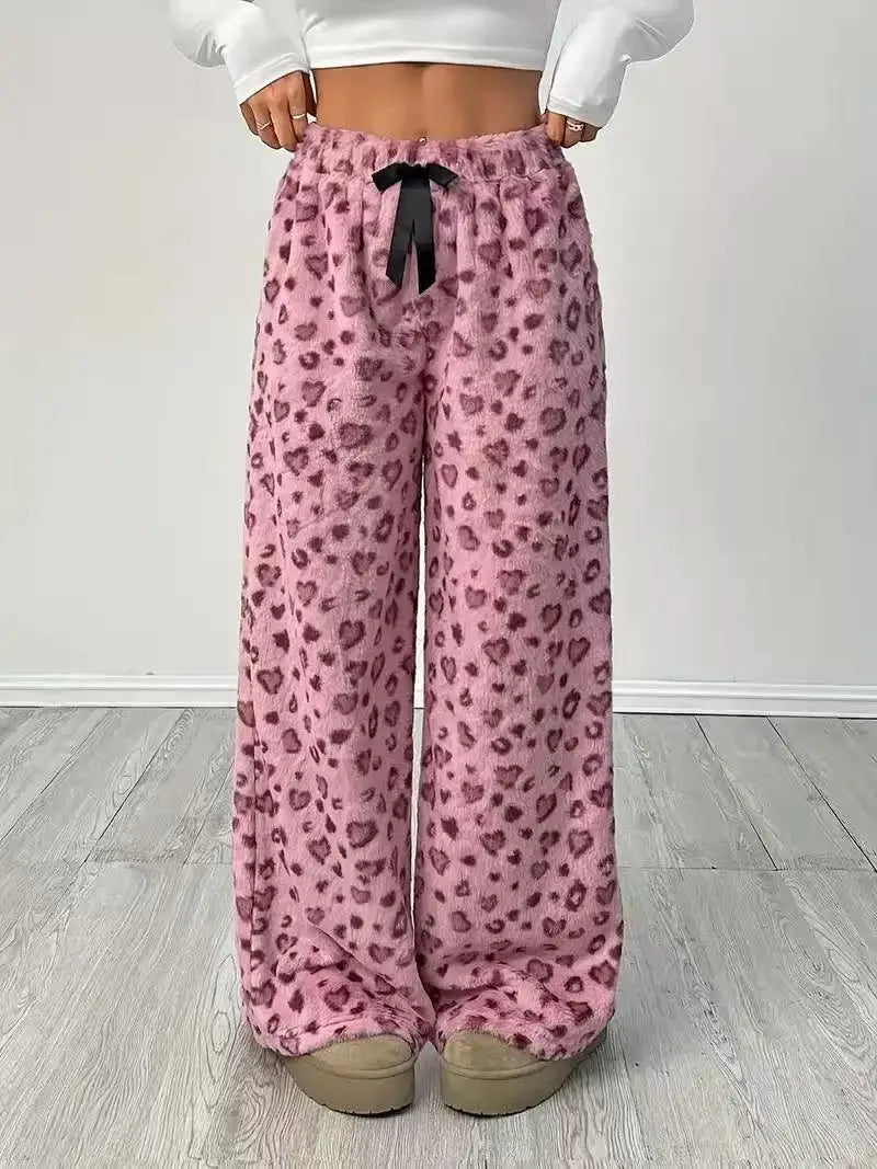 Women Casual Trousers Elastic Waistband Drawstring Tie Pajama Bottoms Leopard Print Wide Leg Lounge Pants