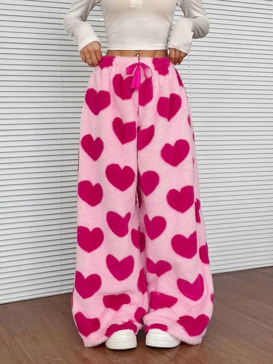 Women Casual Trousers Elastic Waistband Drawstring Tie Pajama Bottoms Leopard Print Wide Leg Lounge Pants