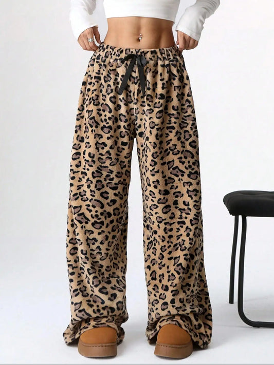 Women Casual Trousers Elastic Waistband Drawstring Tie Pajama Bottoms Leopard Print Wide Leg Lounge Pants