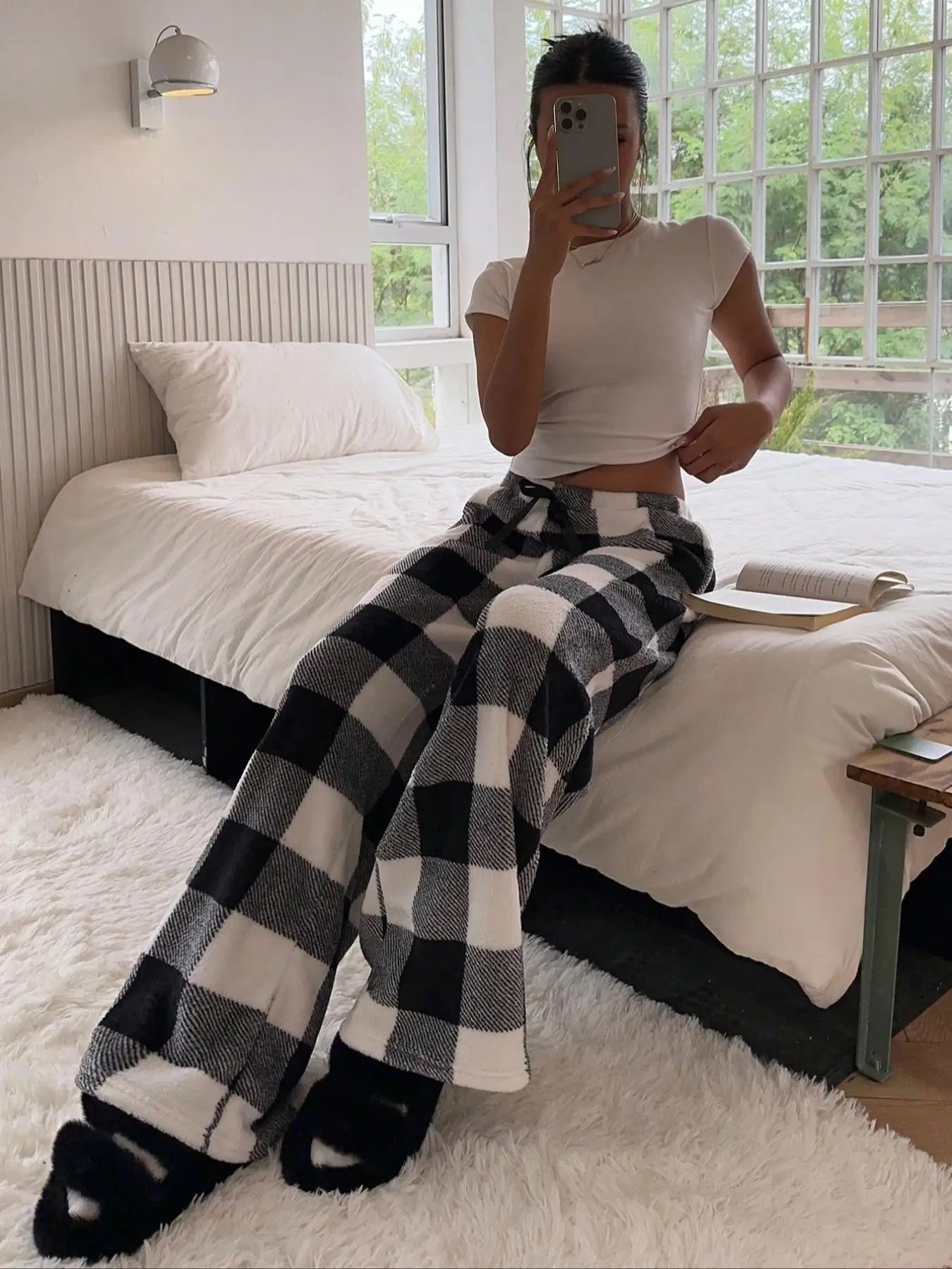 Women Casual Trousers Elastic Waistband Drawstring Tie Pajama Bottoms Leopard Print Wide Leg Lounge Pants