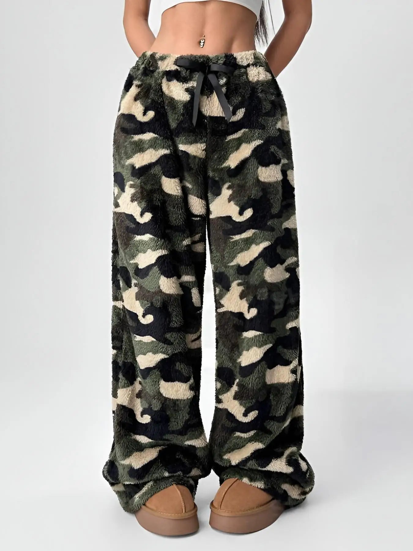 Women Casual Trousers Elastic Waistband Drawstring Tie Pajama Bottoms Leopard Print Wide Leg Lounge Pants