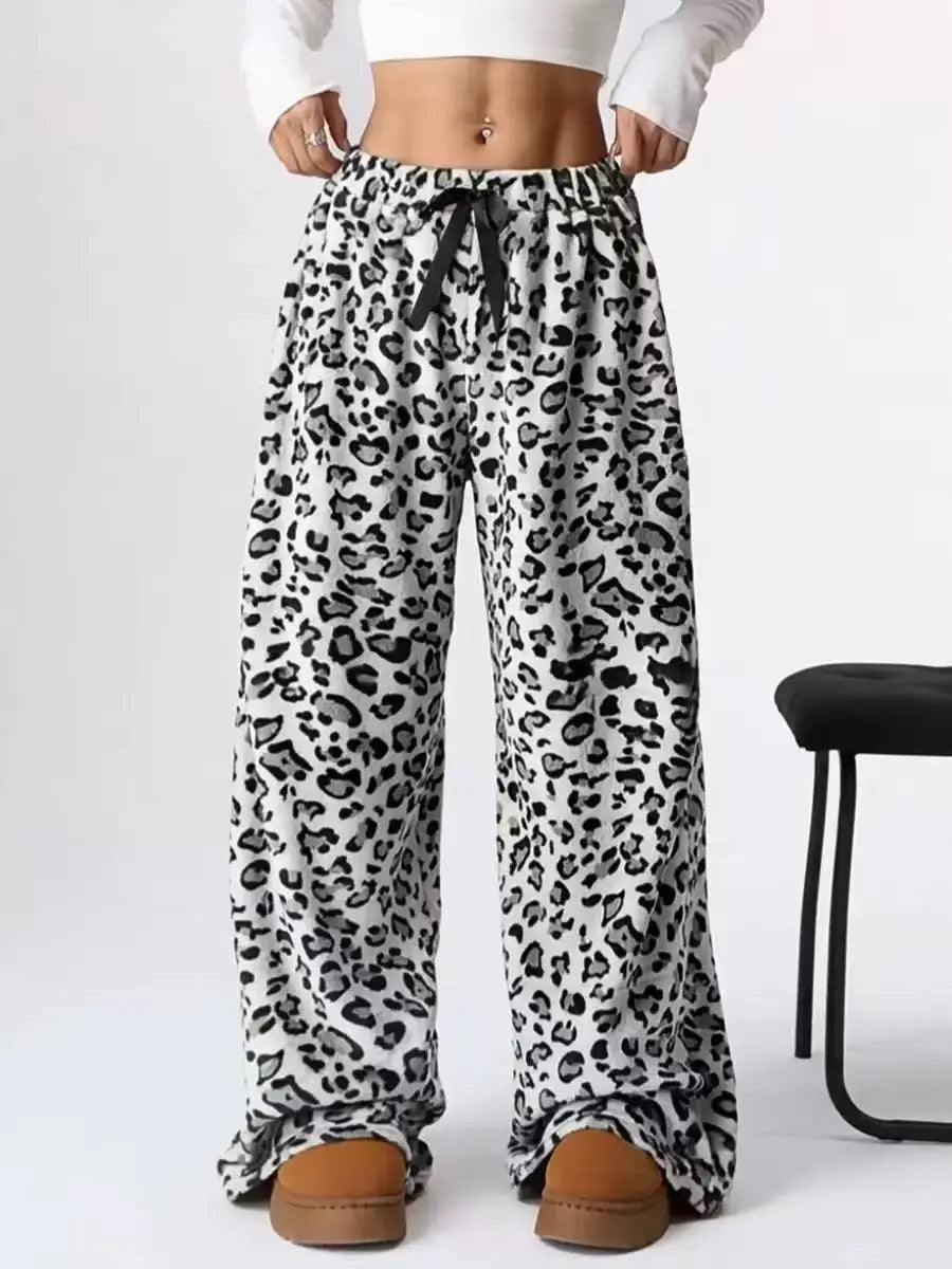 Women Casual Trousers Elastic Waistband Drawstring Tie Pajama Bottoms Leopard Print Wide Leg Lounge Pants